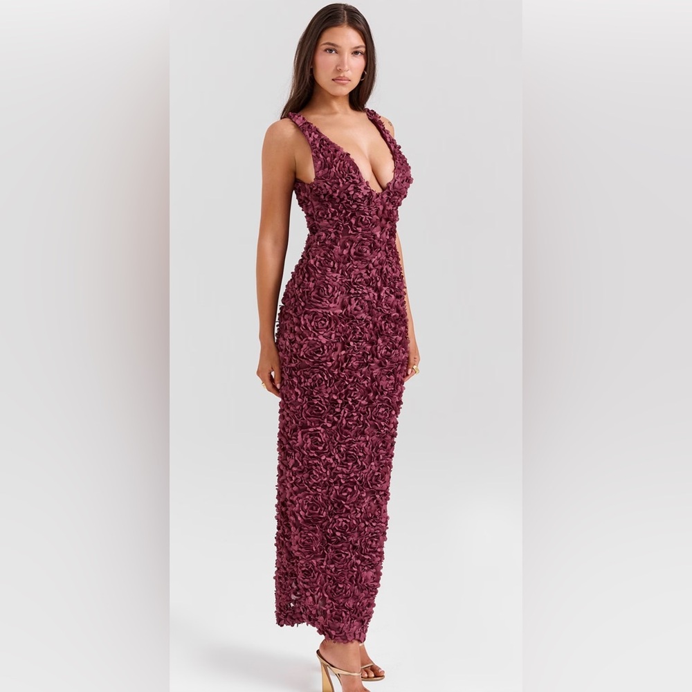 NWOT HOUSE OF CB CARENA MERLOT PLUNGE FLORAL 3D APPLIQUÉ MAXI DRESS 🌺🔥